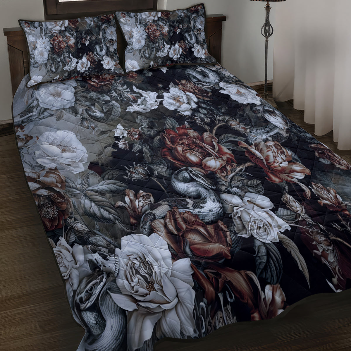 Skulls Roses And White Snakes Quilt Bed Set - Wonder Print Shop