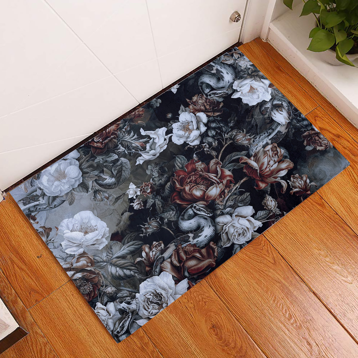 Skulls Roses And White Snakes Rubber Doormat - Wonder Print Shop