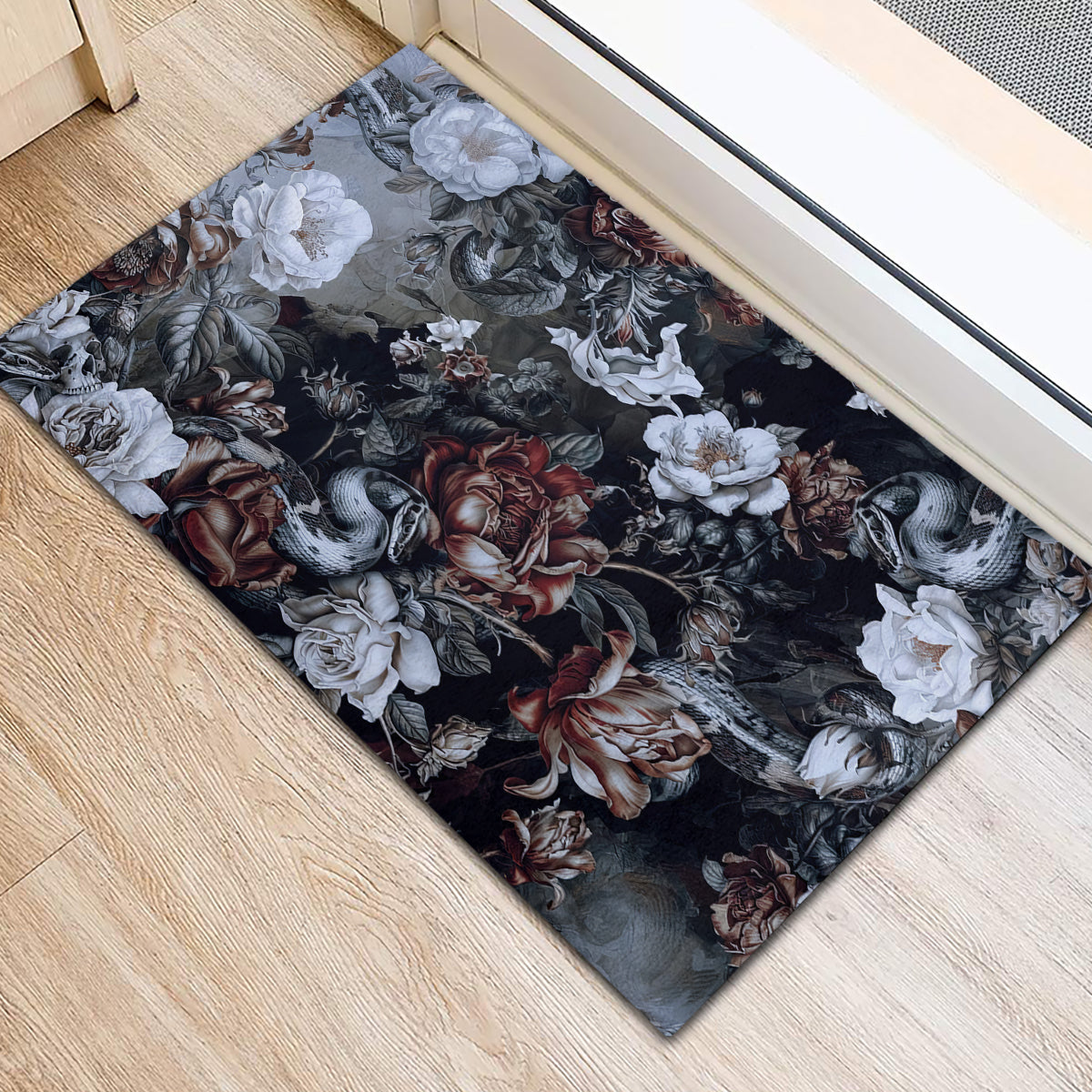 Skulls Roses And White Snakes Rubber Doormat - Wonder Print Shop