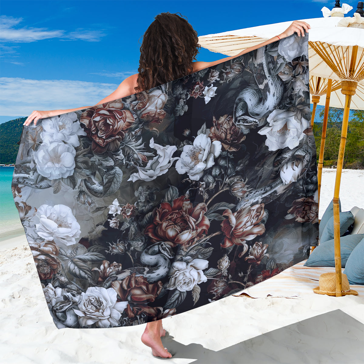 Skulls Roses And White Snakes Sarong - Wonder Print Shop
