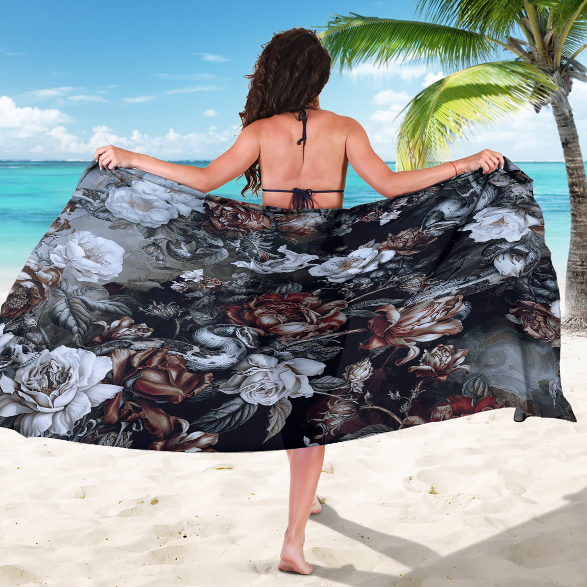 Skulls Roses And White Snakes Sarong - Wonder Print Shop