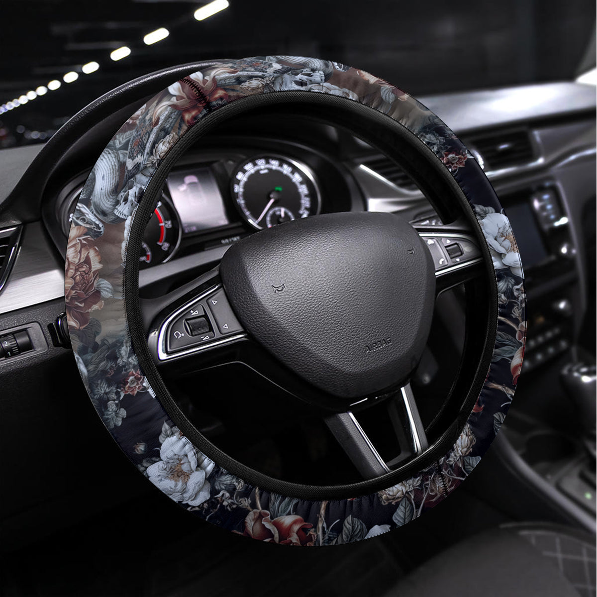 Skulls Roses And White Snakes Steering Wheel Cover - Wonder Print Shop