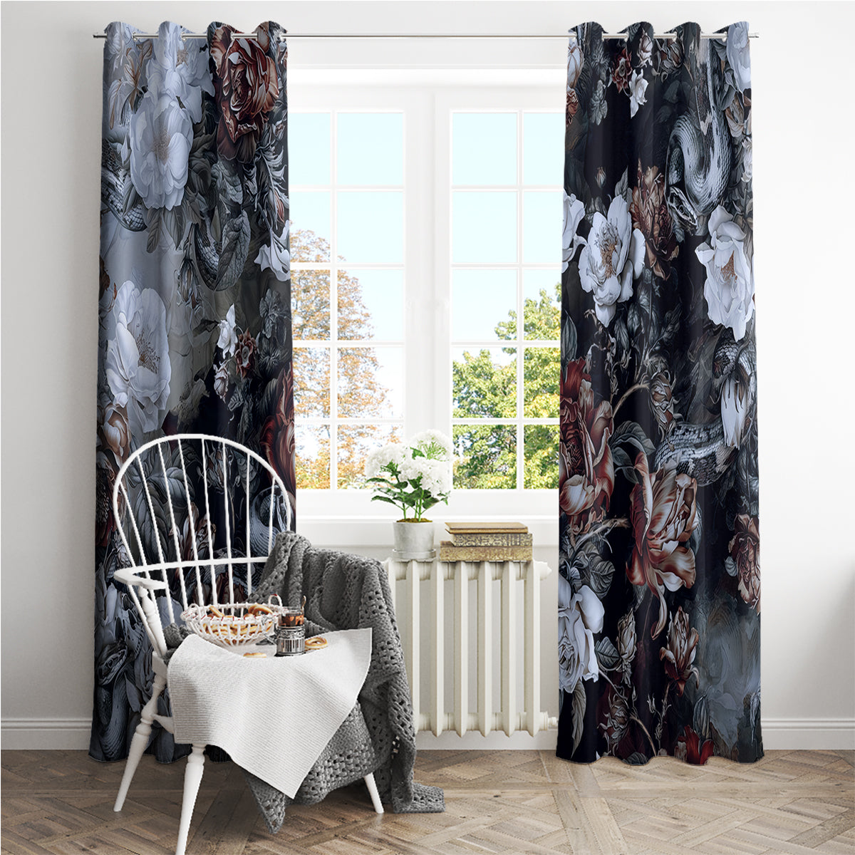 Skulls Roses And White Snakes Window Curtain - Wonder Print Shop