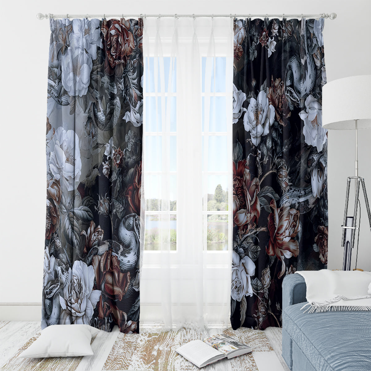 Skulls Roses And White Snakes Window Curtain - Wonder Print Shop