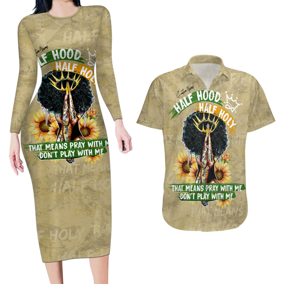 Personalized African Women Couples Matching Long Sleeve Bodycon Dress and Hawaiian Shirt Half Hood Half Holy - Wonder Print Shop