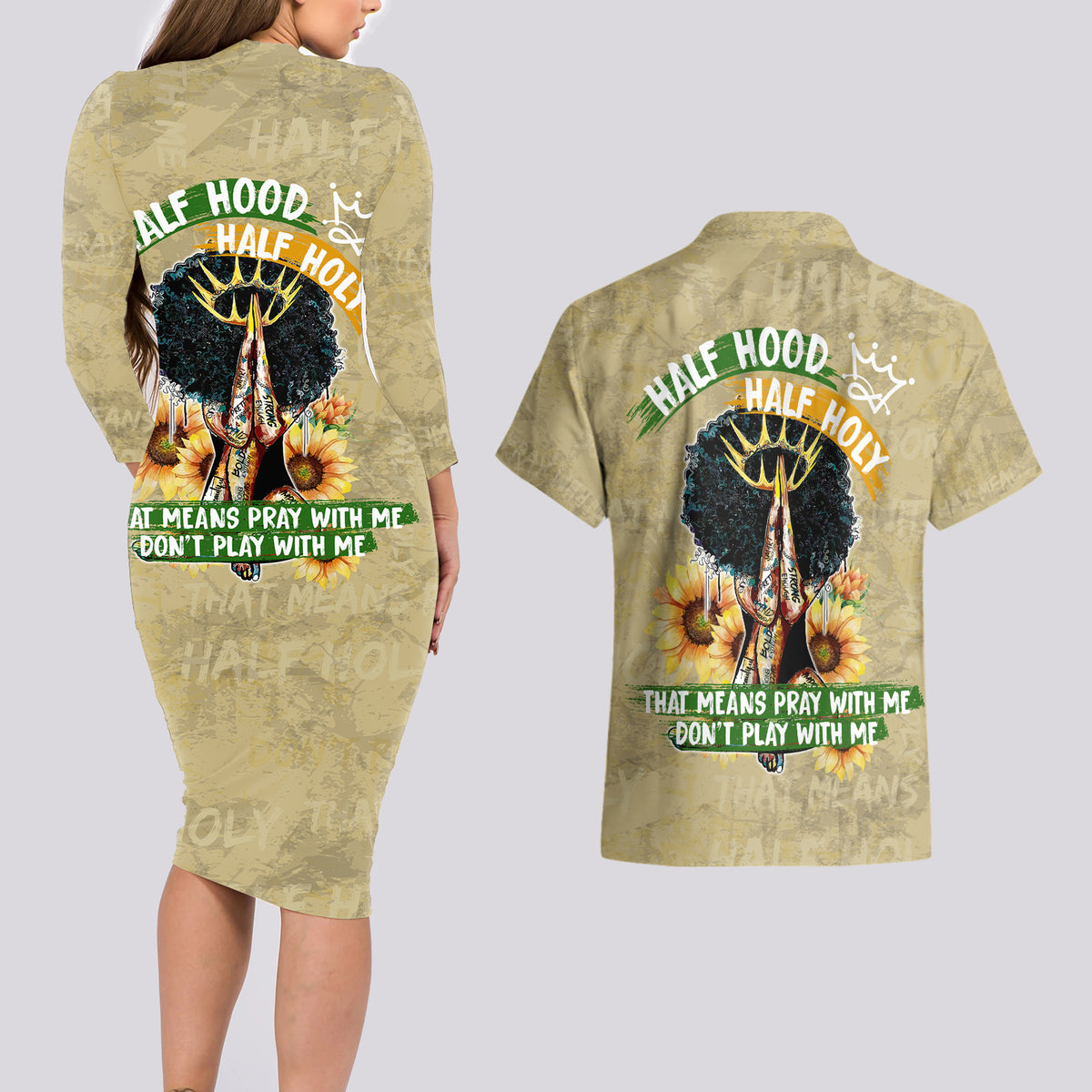 Personalized African Women Couples Matching Long Sleeve Bodycon Dress and Hawaiian Shirt Half Hood Half Holy - Wonder Print Shop