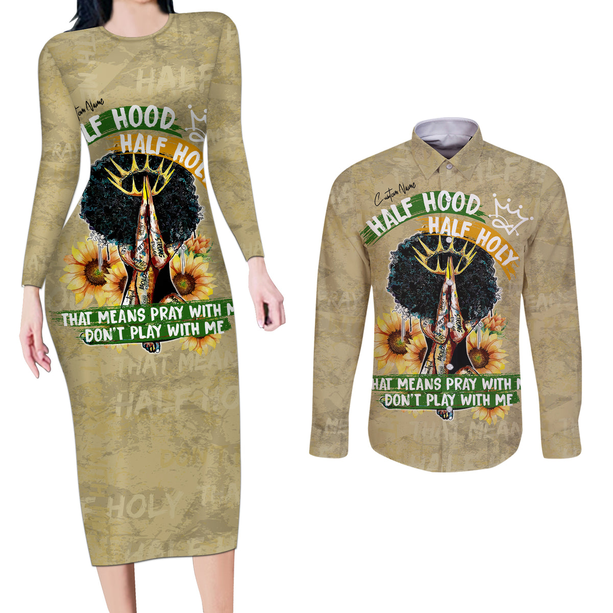 Personalized African Women Couples Matching Long Sleeve Bodycon Dress and Long Sleeve Button Shirt Half Hood Half Holy - Wonder Print Shop