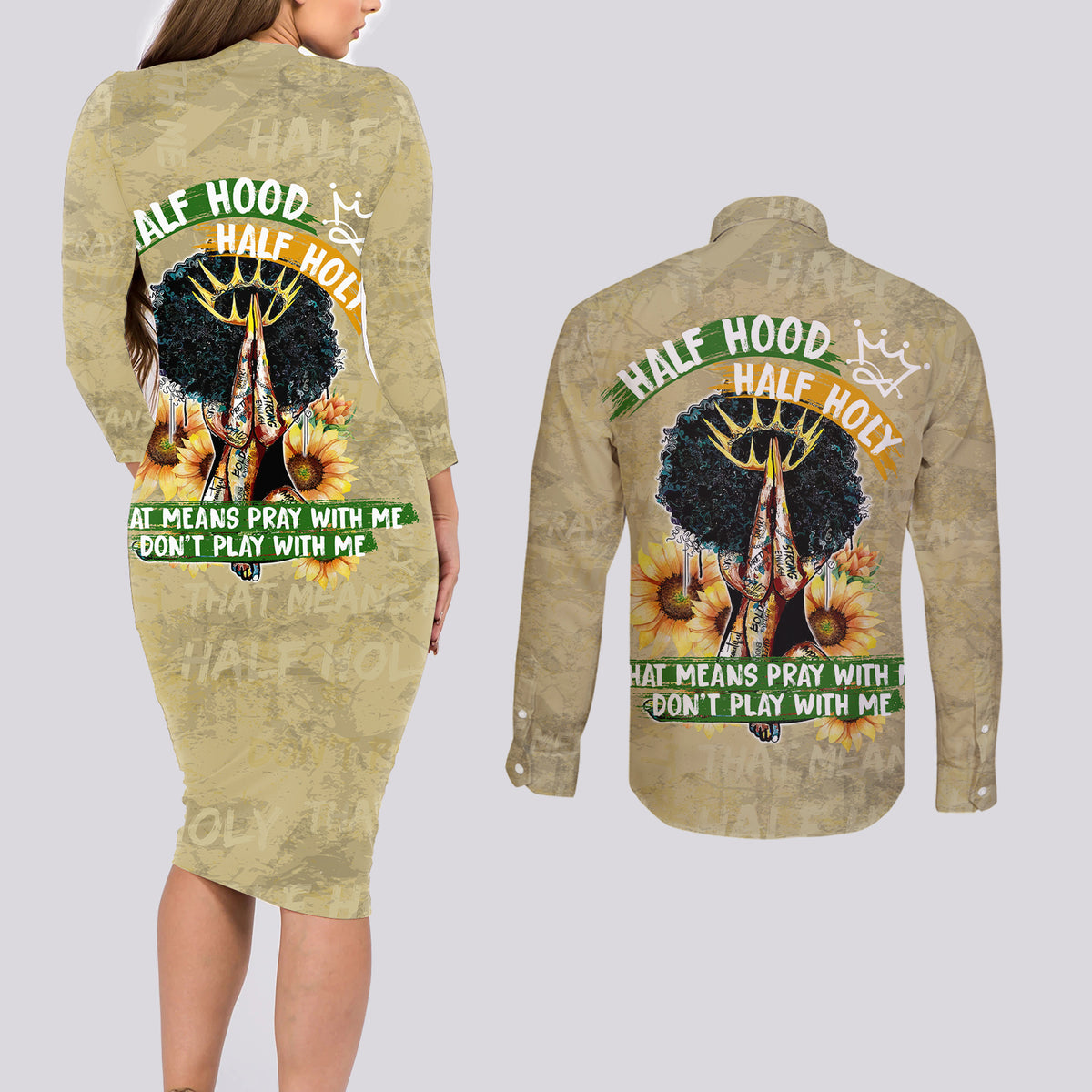 Personalized African Women Couples Matching Long Sleeve Bodycon Dress and Long Sleeve Button Shirt Half Hood Half Holy - Wonder Print Shop