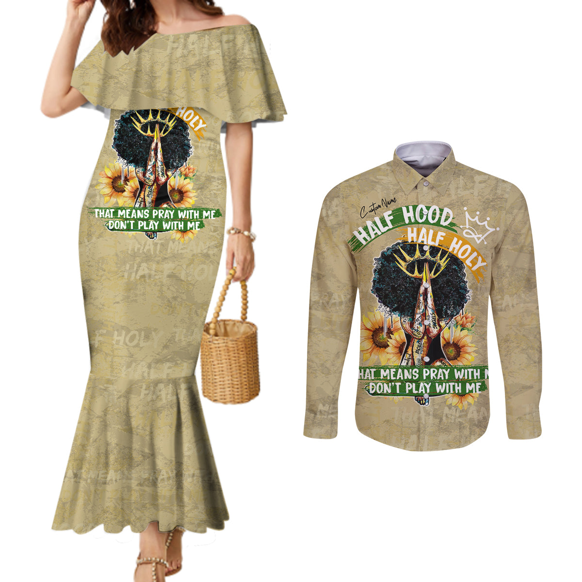 Personalized African Women Couples Matching Mermaid Dress and Long Sleeve Button Shirt Half Hood Half Holy