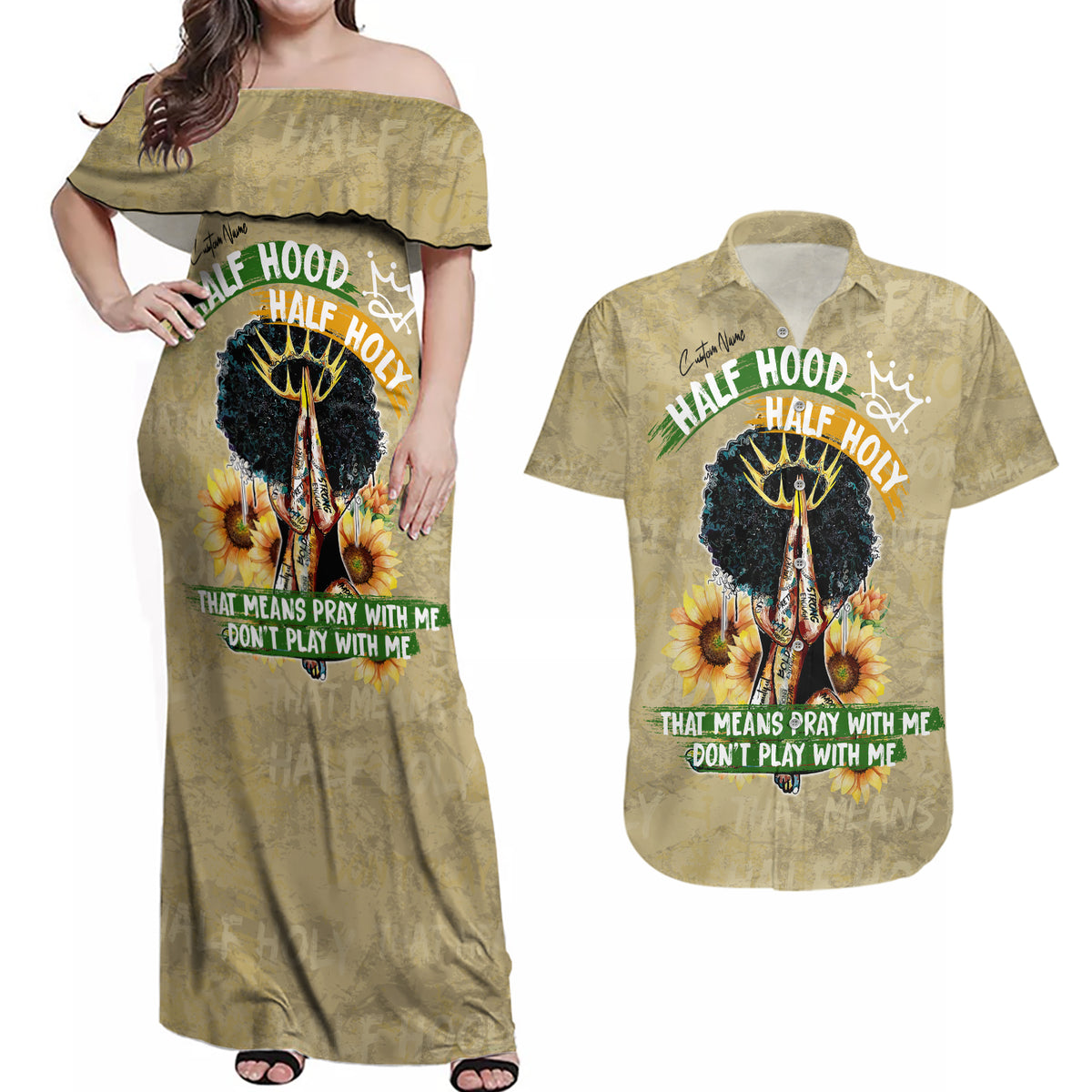 Personalized African Women Couples Matching Off Shoulder Maxi Dress and Hawaiian Shirt Half Hood Half Holy - Wonder Print Shop