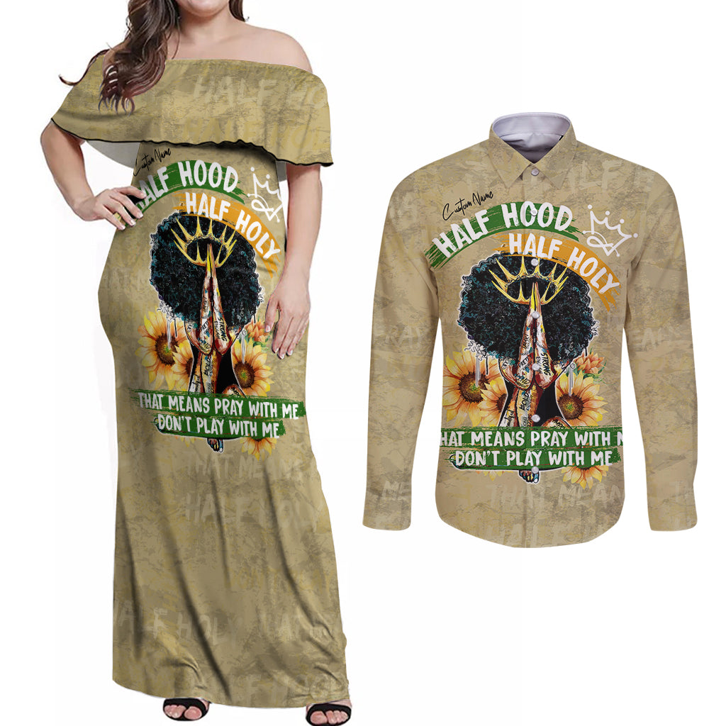 Personalized African Women Couples Matching Off Shoulder Maxi Dress and Long Sleeve Button Shirt Half Hood Half Holy - Wonder Print Shop