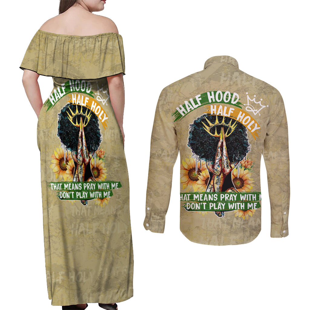 Personalized African Women Couples Matching Off Shoulder Maxi Dress and Long Sleeve Button Shirt Half Hood Half Holy - Wonder Print Shop