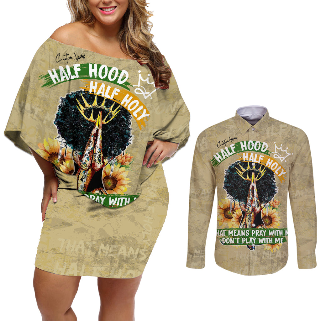 Personalized African Women Couples Matching Off Shoulder Short Dress and Long Sleeve Button Shirt Half Hood Half Holy - Wonder Print Shop
