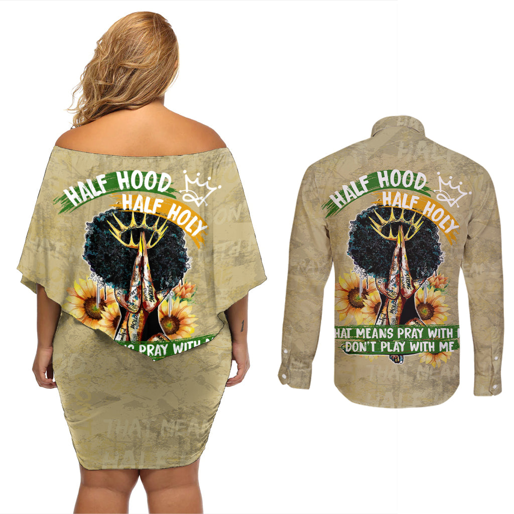 Personalized African Women Couples Matching Off Shoulder Short Dress and Long Sleeve Button Shirt Half Hood Half Holy - Wonder Print Shop