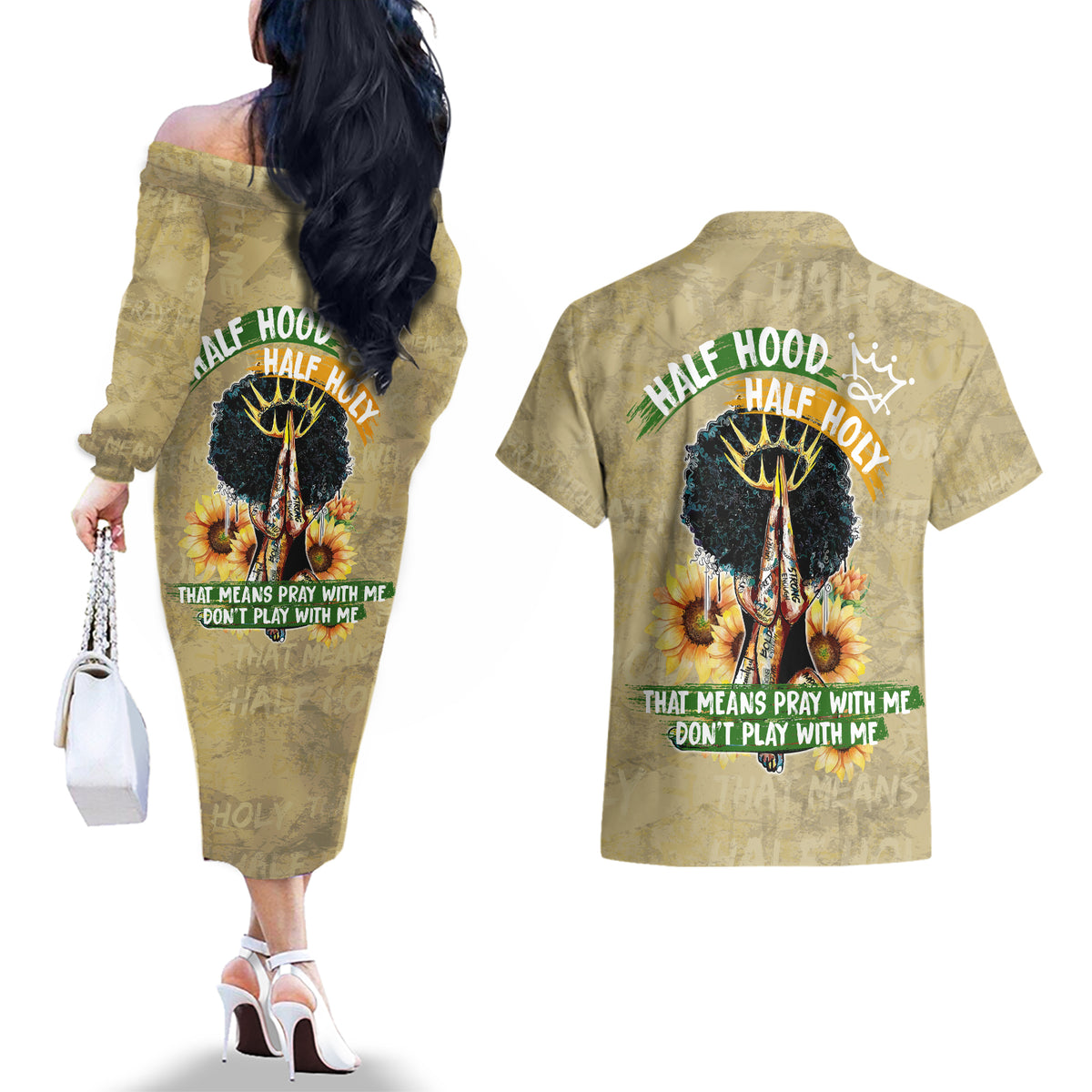 Personalized African Women Couples Matching Off The Shoulder Long Sleeve Dress and Hawaiian Shirt Half Hood Half Holy - Wonder Print Shop