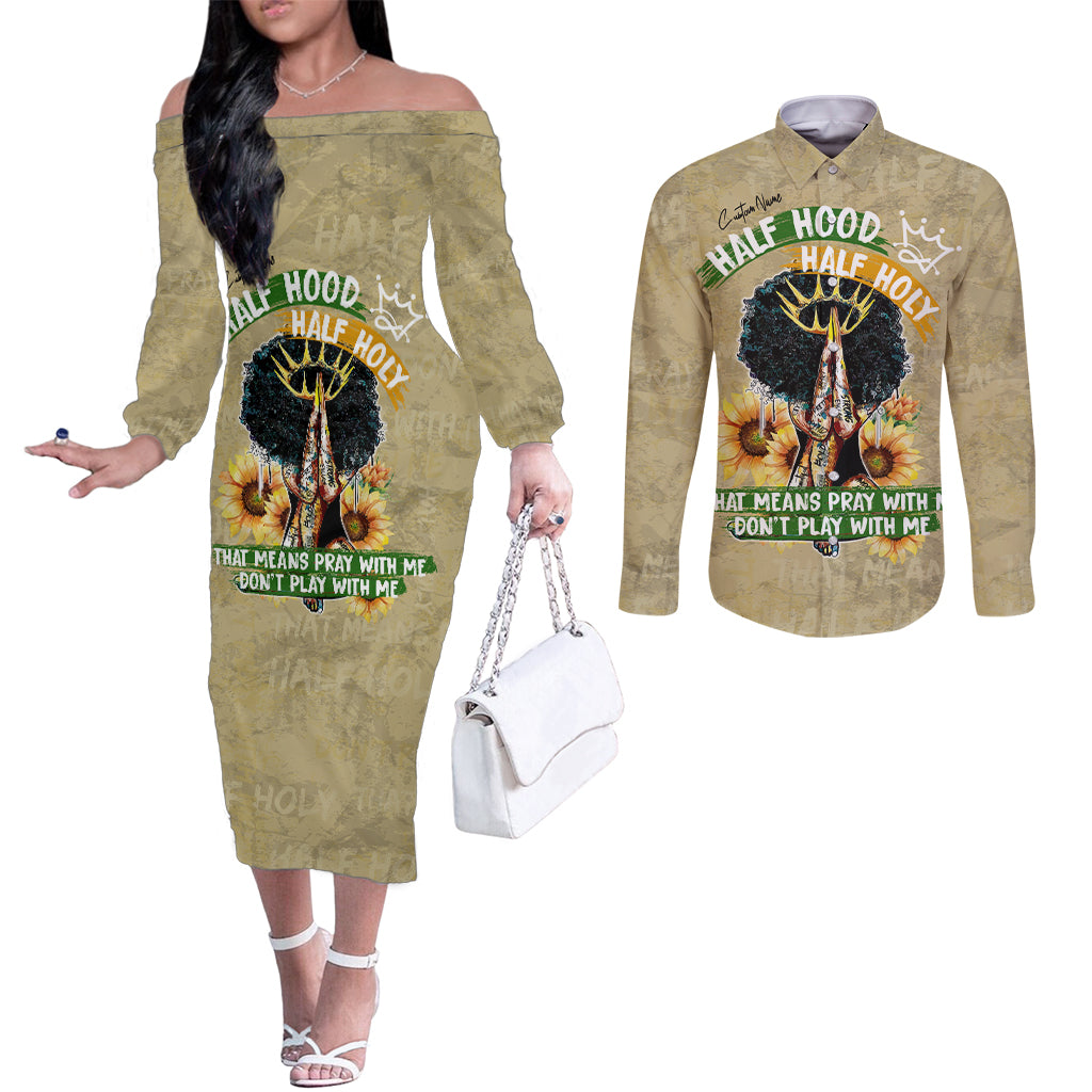 Personalized African Women Couples Matching Off The Shoulder Long Sleeve Dress and Long Sleeve Button Shirt Half Hood Half Holy