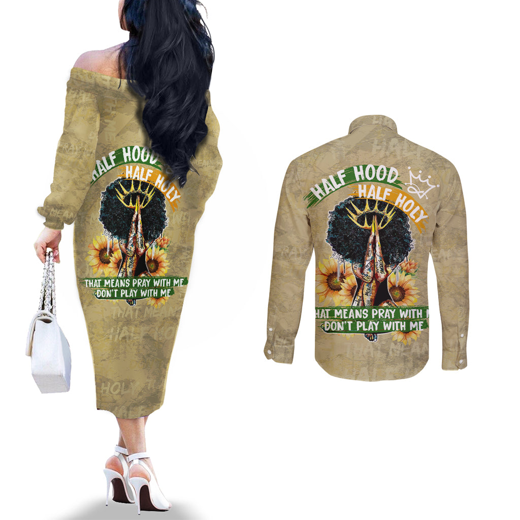 Personalized African Women Couples Matching Off The Shoulder Long Sleeve Dress and Long Sleeve Button Shirt Half Hood Half Holy