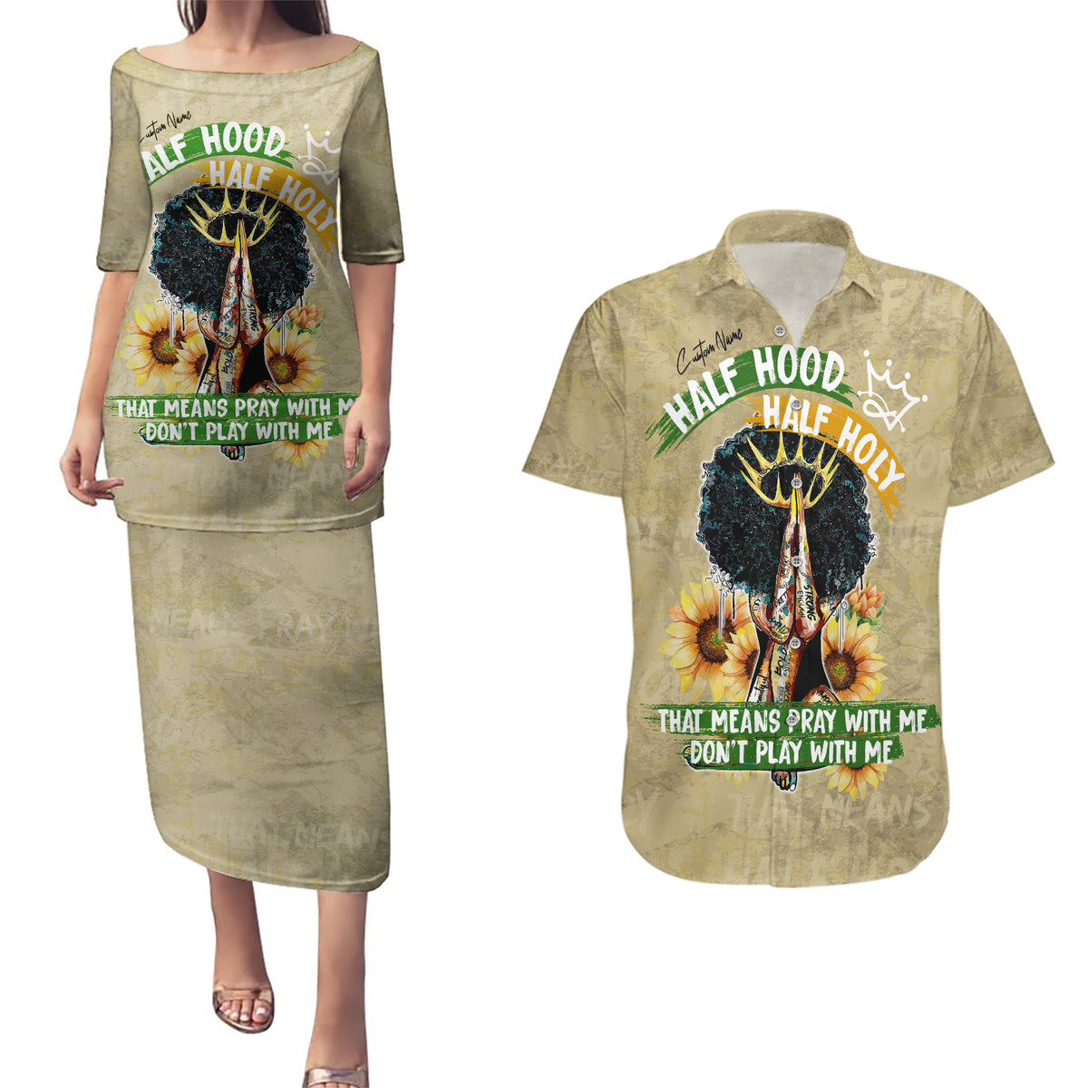 Personalized African Women Couples Matching Puletasi and Hawaiian Shirt Half Hood Half Holy - Wonder Print Shop