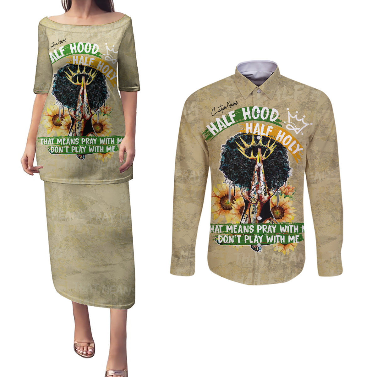 Personalized African Women Couples Matching Puletasi and Long Sleeve Button Shirt Half Hood Half Holy - Wonder Print Shop