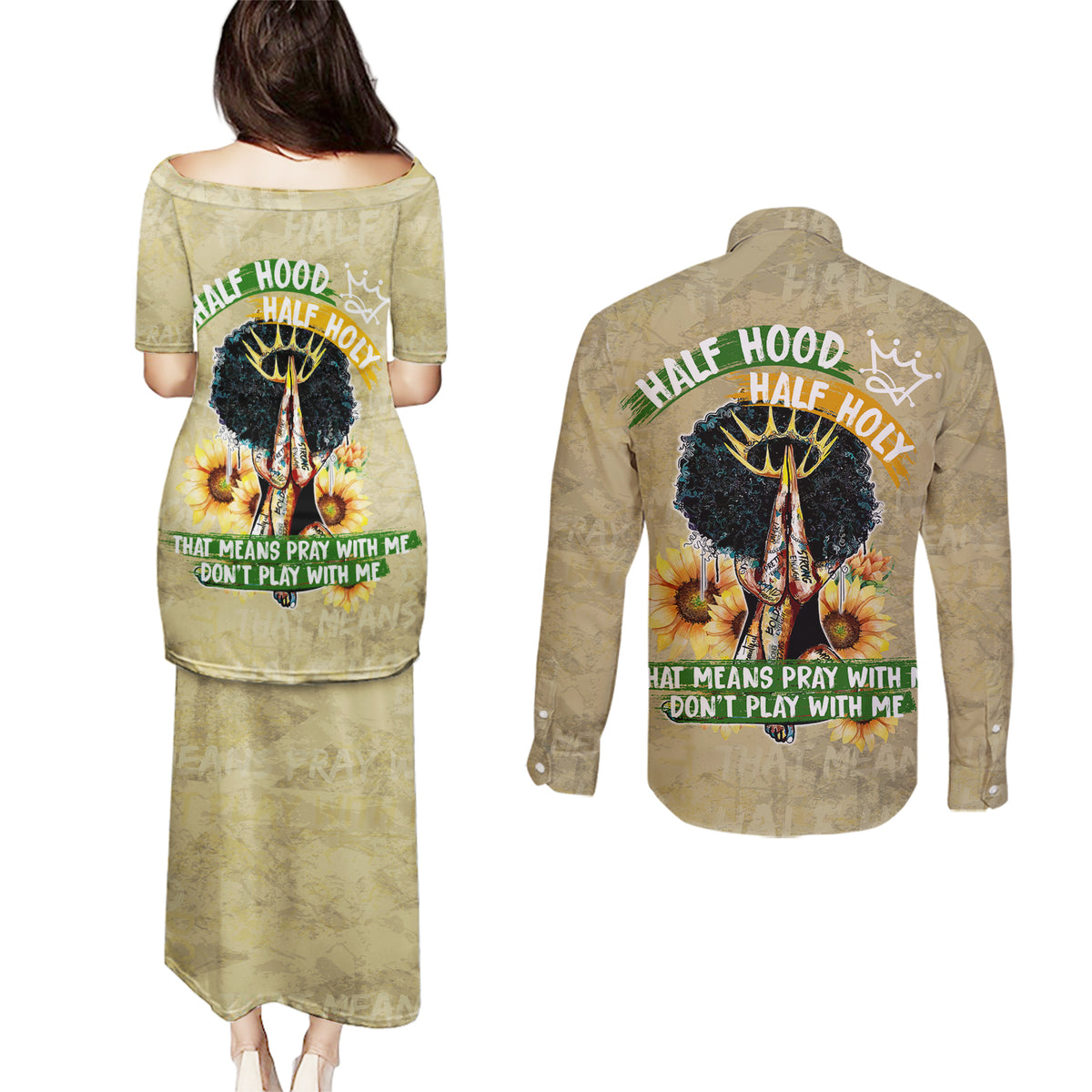 Personalized African Women Couples Matching Puletasi and Long Sleeve Button Shirt Half Hood Half Holy - Wonder Print Shop