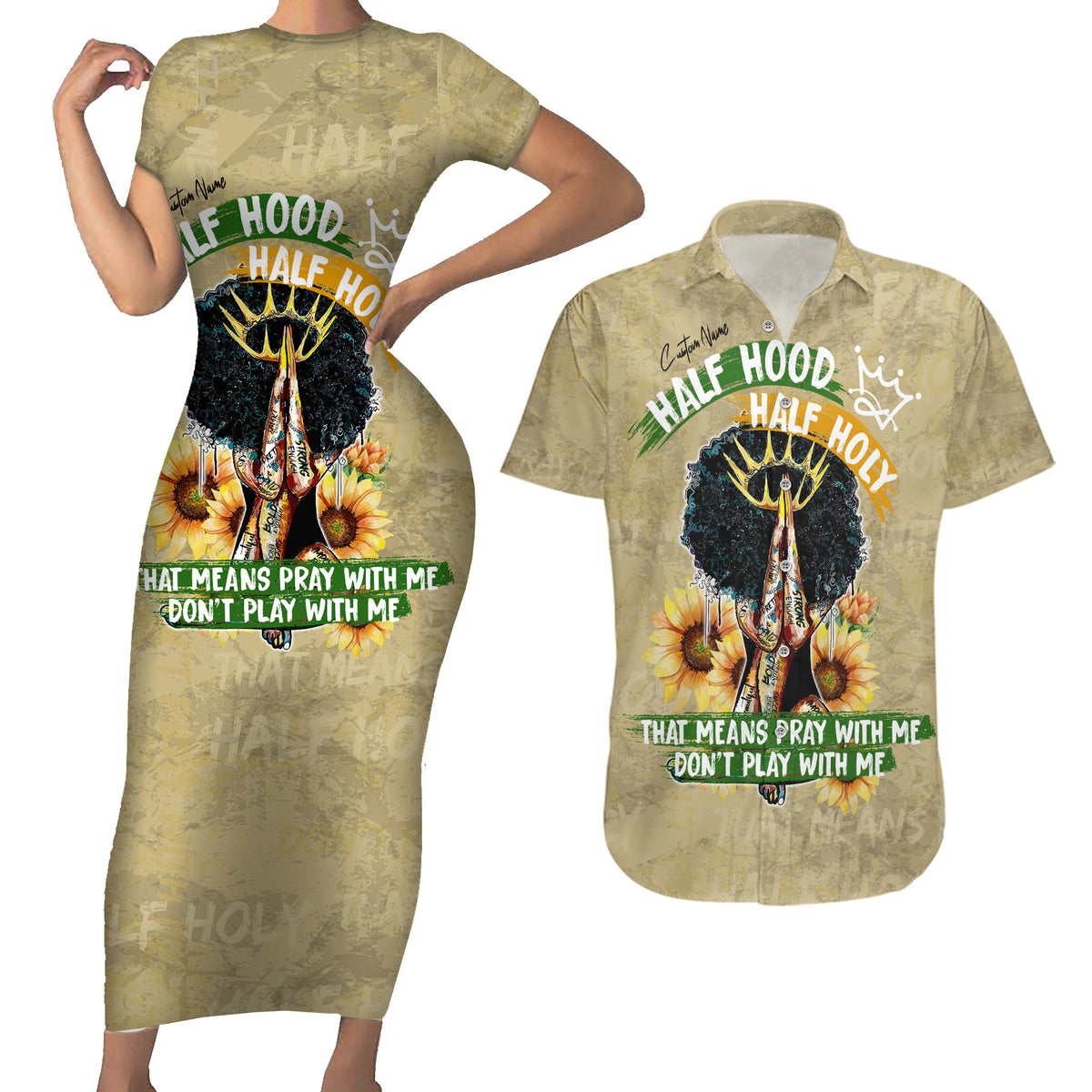 Personalized African Women Couples Matching Short Sleeve Bodycon Dress and Hawaiian Shirt Half Hood Half Holy - Wonder Print Shop