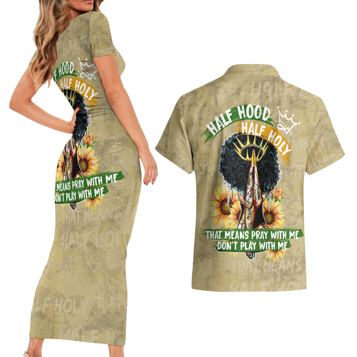 Personalized African Women Couples Matching Short Sleeve Bodycon Dress and Hawaiian Shirt Half Hood Half Holy - Wonder Print Shop