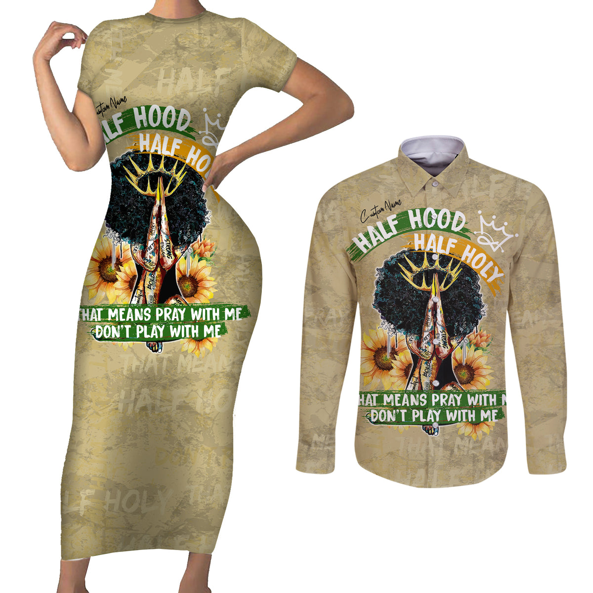 Personalized African Women Couples Matching Short Sleeve Bodycon Dress and Long Sleeve Button Shirt Half Hood Half Holy - Wonder Print Shop