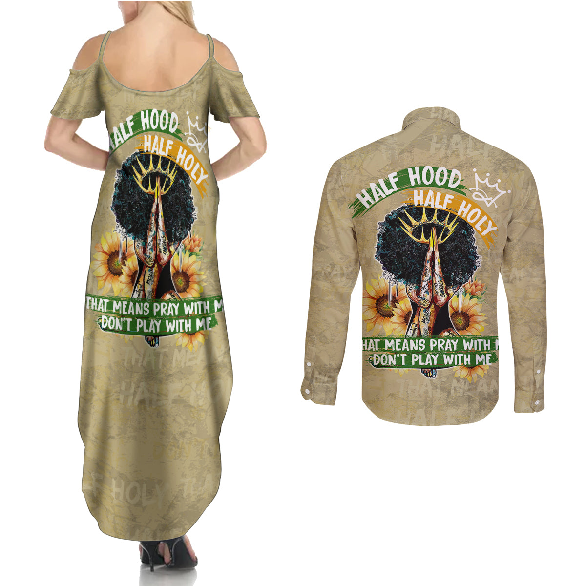 Personalized African Women Couples Matching Summer Maxi Dress and Long Sleeve Button Shirt Half Hood Half Holy - Wonder Print Shop