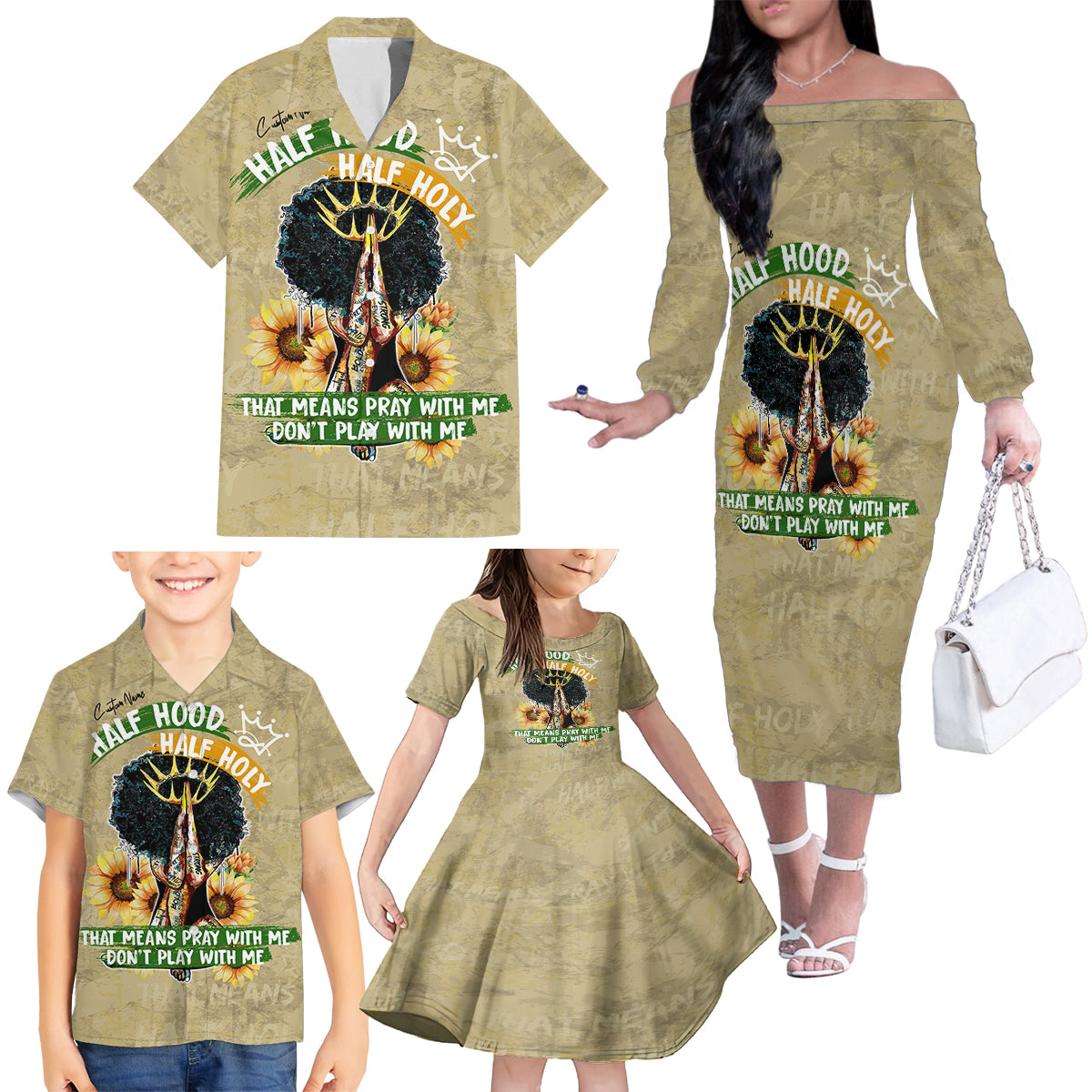 Personalized African Women Family Matching Off Shoulder Long Sleeve Dress and Hawaiian Shirt Half Hood Half Holy - Wonder Print Shop