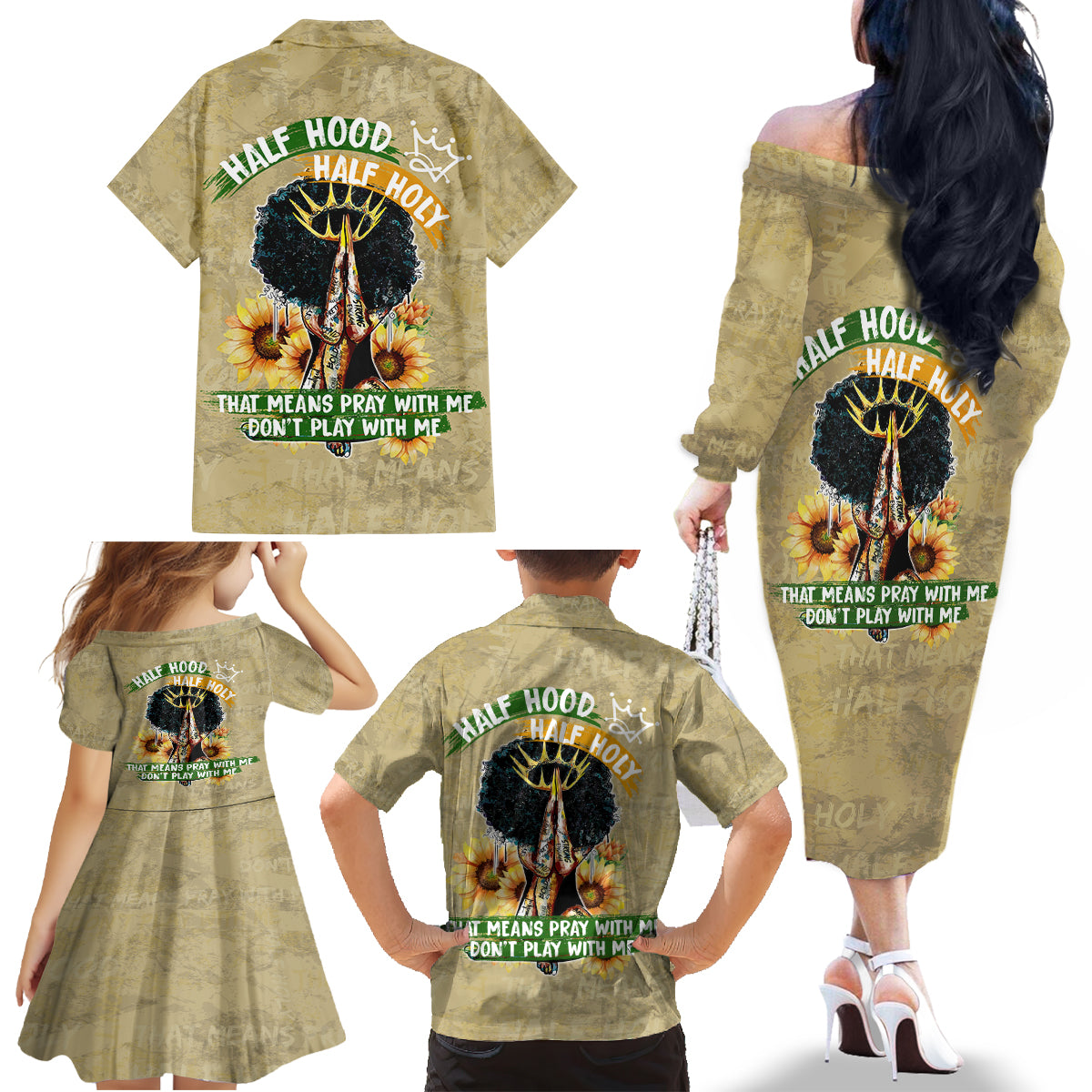 Personalized African Women Family Matching Off Shoulder Long Sleeve Dress and Hawaiian Shirt Half Hood Half Holy - Wonder Print Shop