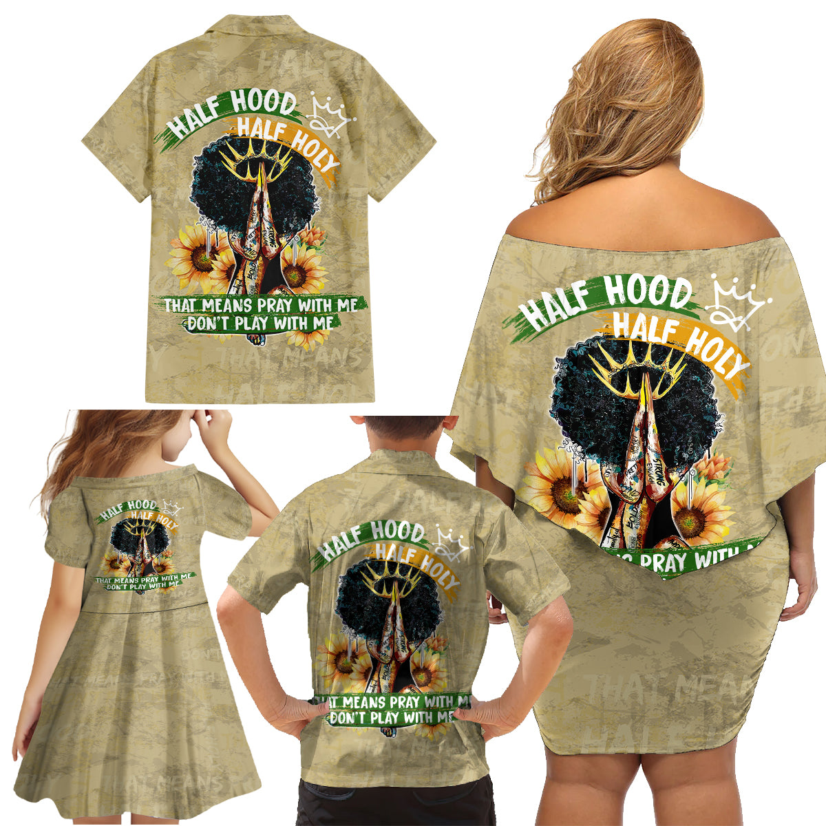 Personalized African Women Family Matching Off Shoulder Short Dress and Hawaiian Shirt Half Hood Half Holy - Wonder Print Shop