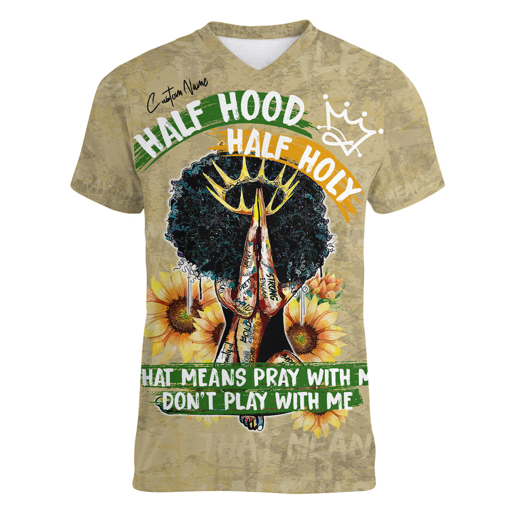 Personalized African Women Women V Neck T Shirt Half Hood Half Holy - Wonder Print Shop