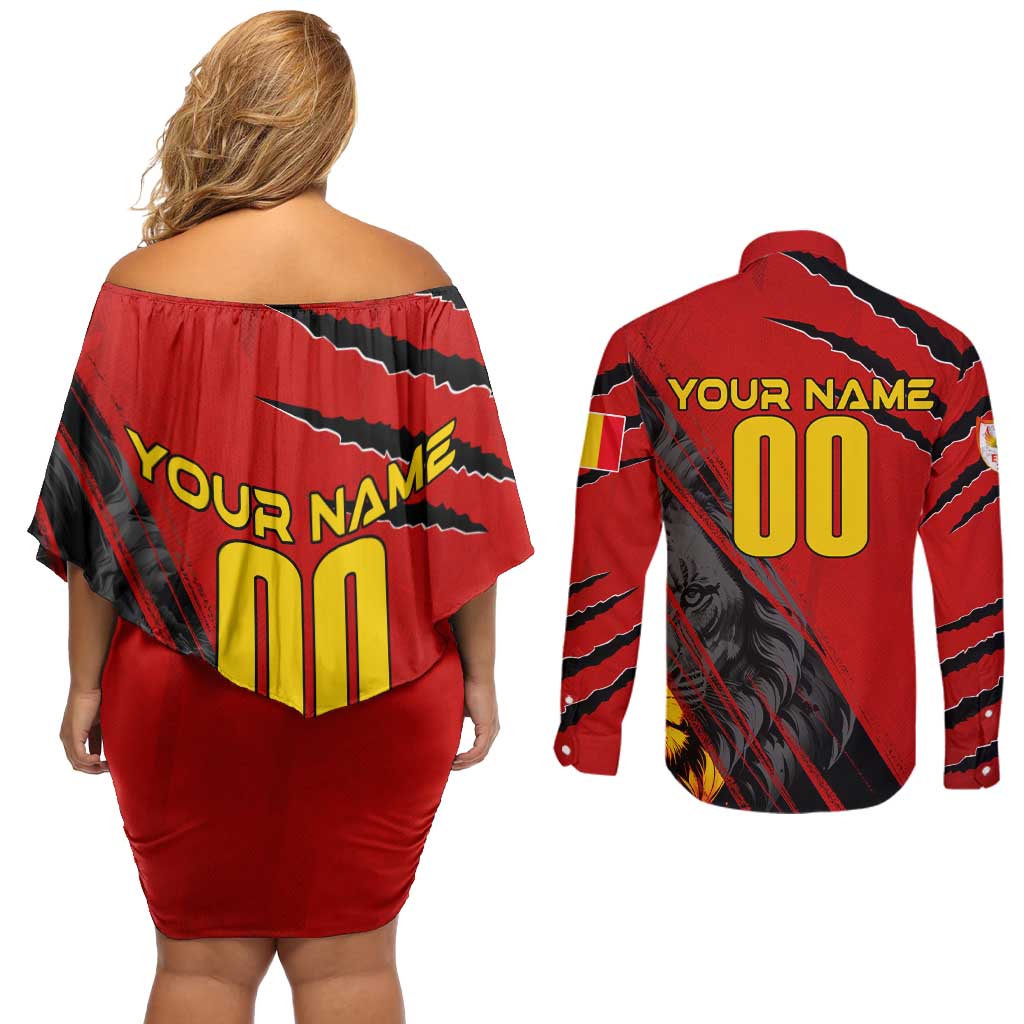 Personalized Belgium Football 2024 Couples Matching Off Shoulder Short Dress and Long Sleeve Button Shirt Trophy Wing Style - Wonder Print Shop