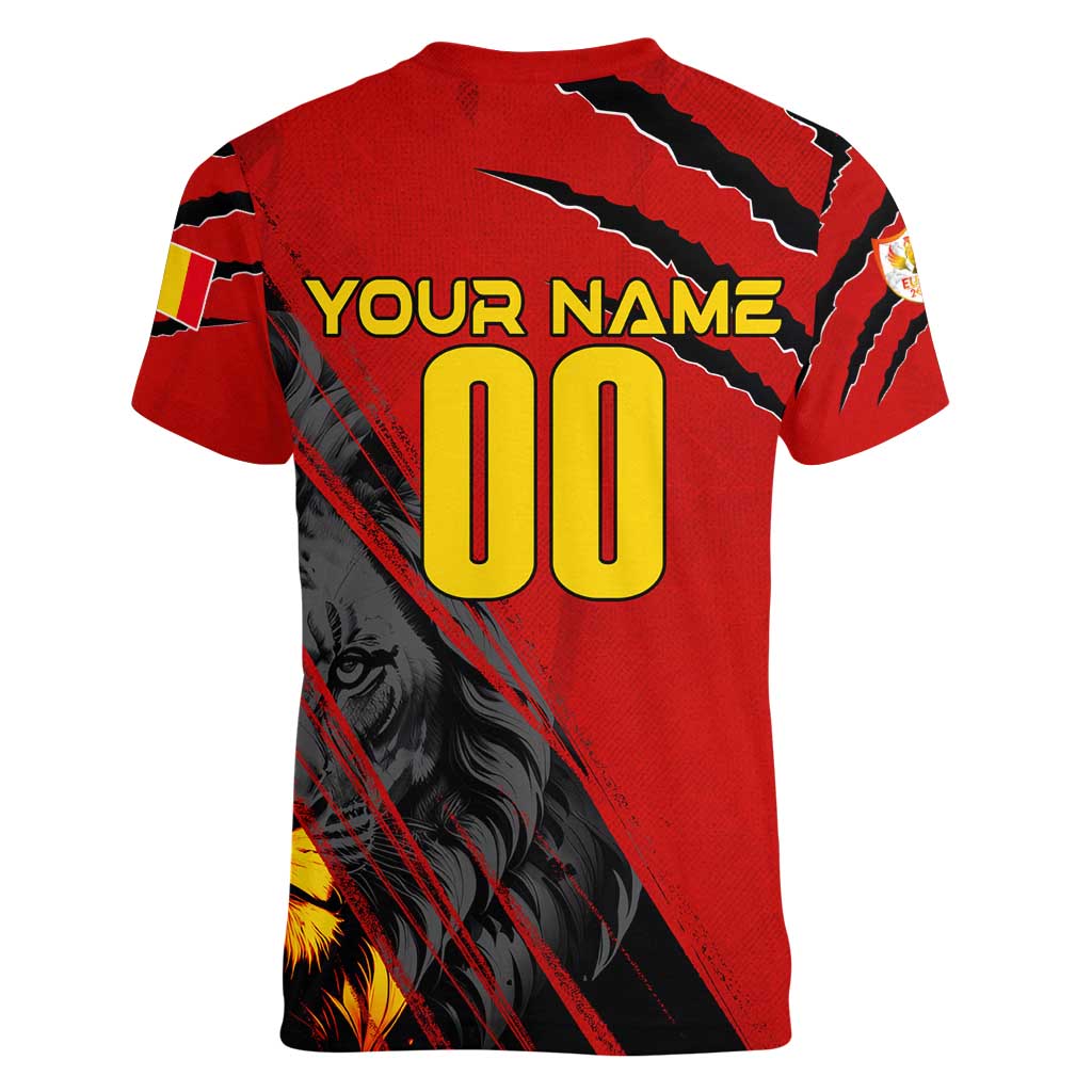Personalized Belgium Football 2024 Women V-Neck T-Shirt Trophy Wing Style - Wonder Print Shop