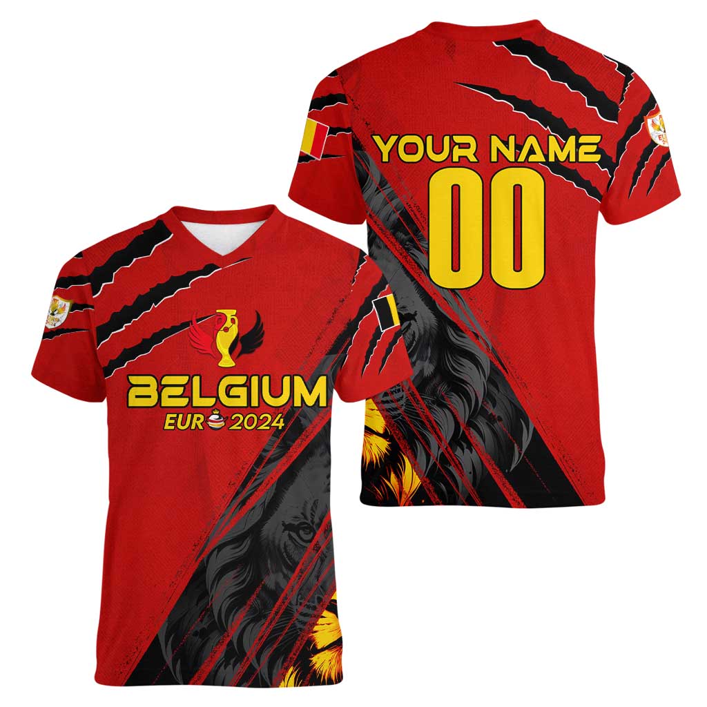 Personalized Belgium Football 2024 Women V-Neck T-Shirt Trophy Wing Style - Wonder Print Shop