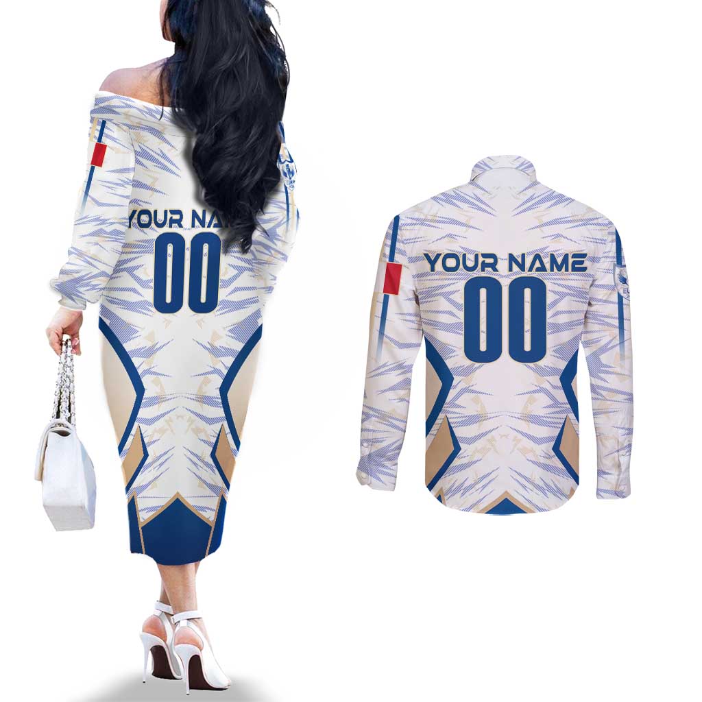 Personalized France Football 2024 Couples Matching Off The Shoulder Long Sleeve Dress and Long Sleeve Button Shirt Trophy Wing Style