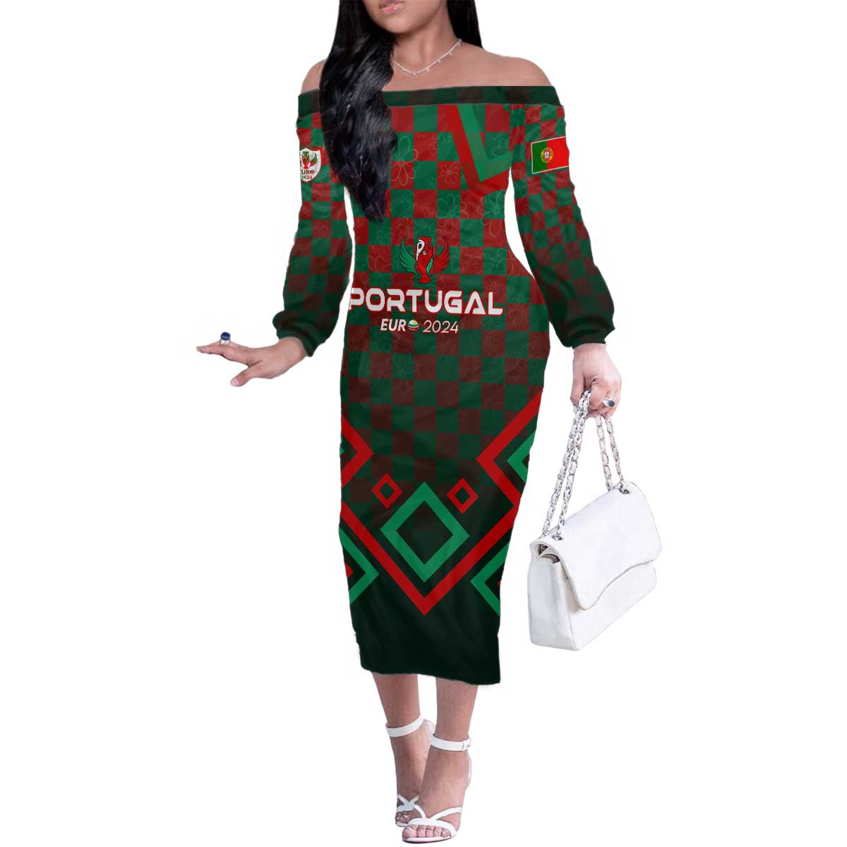 Personalized Portugal Football 2024 Family Matching Off The Shoulder Long Sleeve Dress and Hawaiian Shirt Trophy Wing Style - Wonder Print Shop