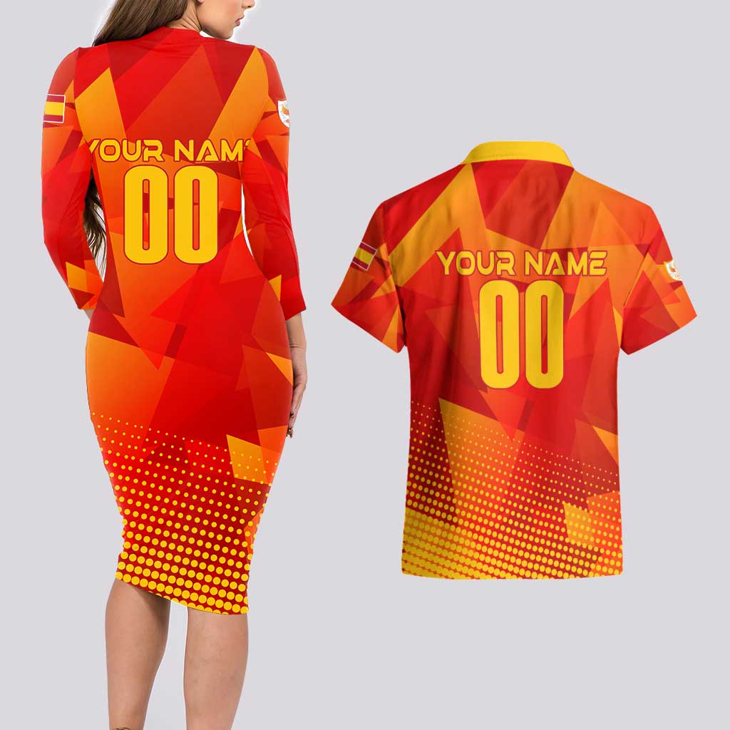 Personalized Spain Football 2024 Couples Matching Long Sleeve Bodycon Dress and Hawaiian Shirt Trophy Wing Style - Wonder Print Shop