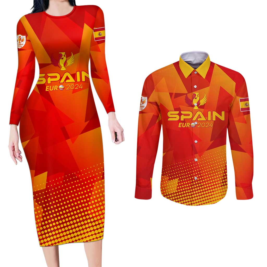 Personalized Spain Football 2024 Couples Matching Long Sleeve Bodycon Dress and Long Sleeve Button Shirt Trophy Wing Style - Wonder Print Shop