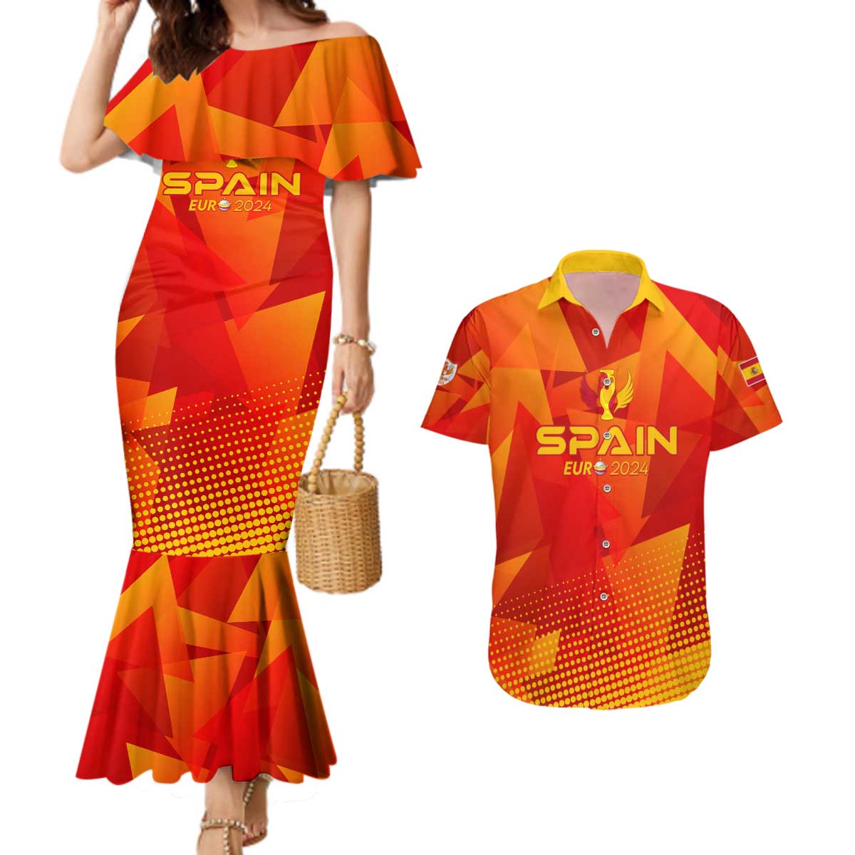 Personalized Spain Football 2024 Couples Matching Mermaid Dress and Hawaiian Shirt Trophy Wing Style - Wonder Print Shop