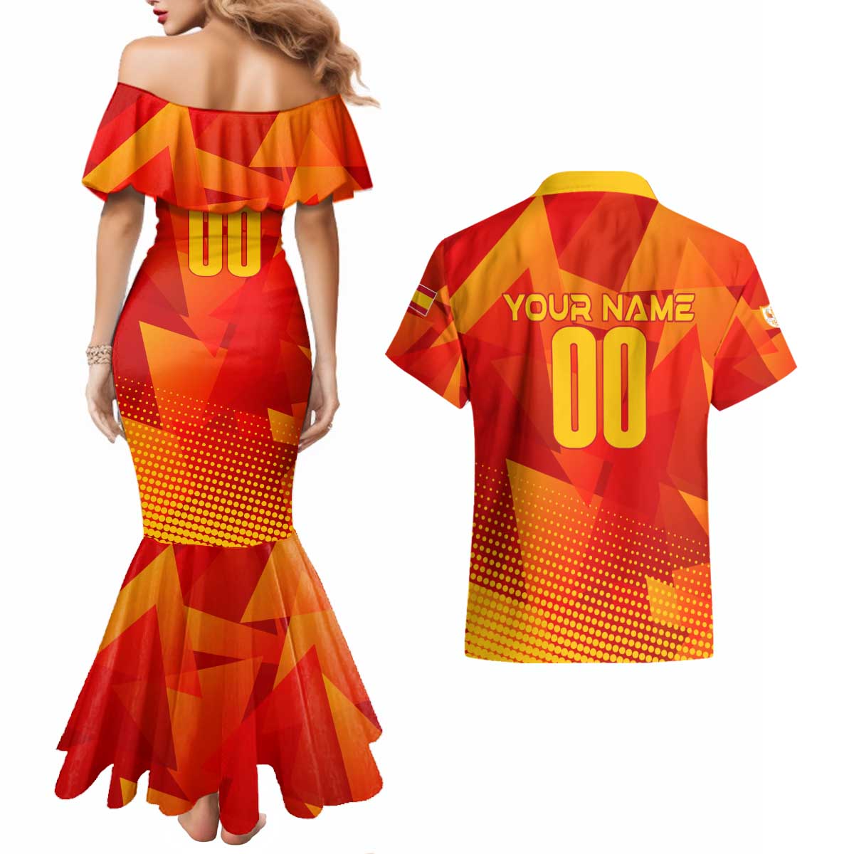 Personalized Spain Football 2024 Couples Matching Mermaid Dress and Hawaiian Shirt Trophy Wing Style - Wonder Print Shop