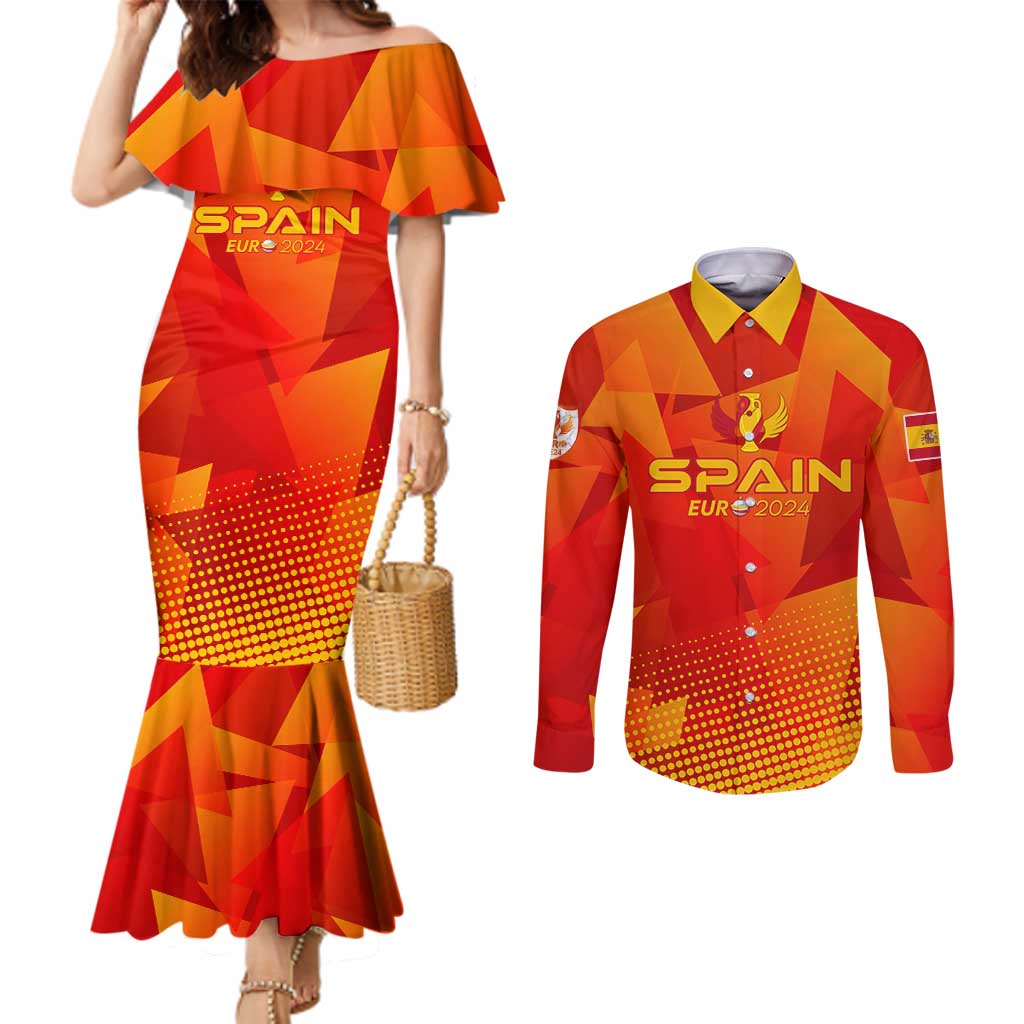 Personalized Spain Football 2024 Couples Matching Mermaid Dress and Long Sleeve Button Shirt Trophy Wing Style