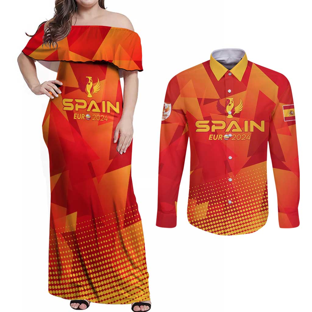 Personalized Spain Football 2024 Couples Matching Off Shoulder Maxi Dress and Long Sleeve Button Shirt Trophy Wing Style - Wonder Print Shop