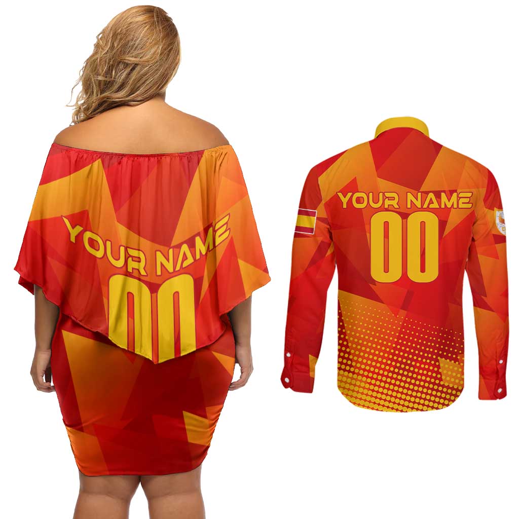 Personalized Spain Football 2024 Couples Matching Off Shoulder Short Dress and Long Sleeve Button Shirt Trophy Wing Style - Wonder Print Shop