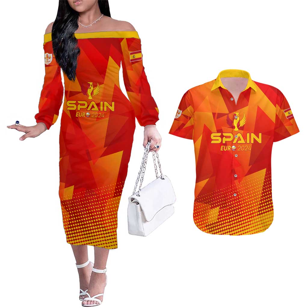 Personalized Spain Football 2024 Couples Matching Off The Shoulder Long Sleeve Dress and Hawaiian Shirt Trophy Wing Style - Wonder Print Shop