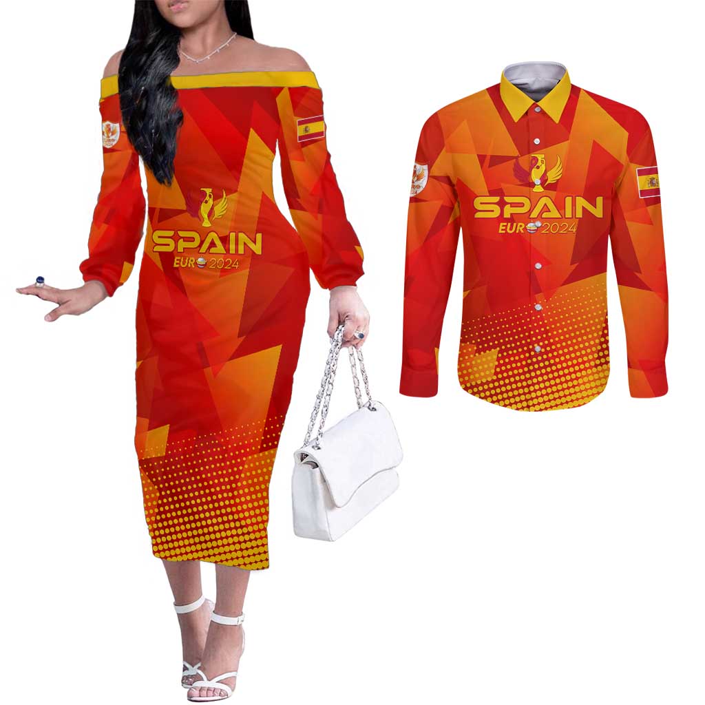 Personalized Spain Football 2024 Couples Matching Off The Shoulder Long Sleeve Dress and Long Sleeve Button Shirt Trophy Wing Style