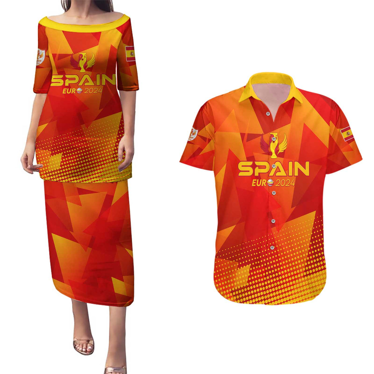 Personalized Spain Football 2024 Couples Matching Puletasi and Hawaiian Shirt Trophy Wing Style - Wonder Print Shop