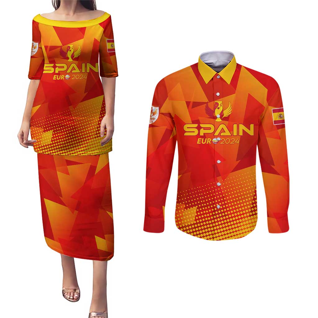 Personalized Spain Football 2024 Couples Matching Puletasi and Long Sleeve Button Shirt Trophy Wing Style - Wonder Print Shop