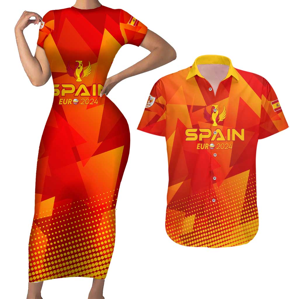 Personalized Spain Football 2024 Couples Matching Short Sleeve Bodycon Dress and Hawaiian Shirt Trophy Wing Style - Wonder Print Shop