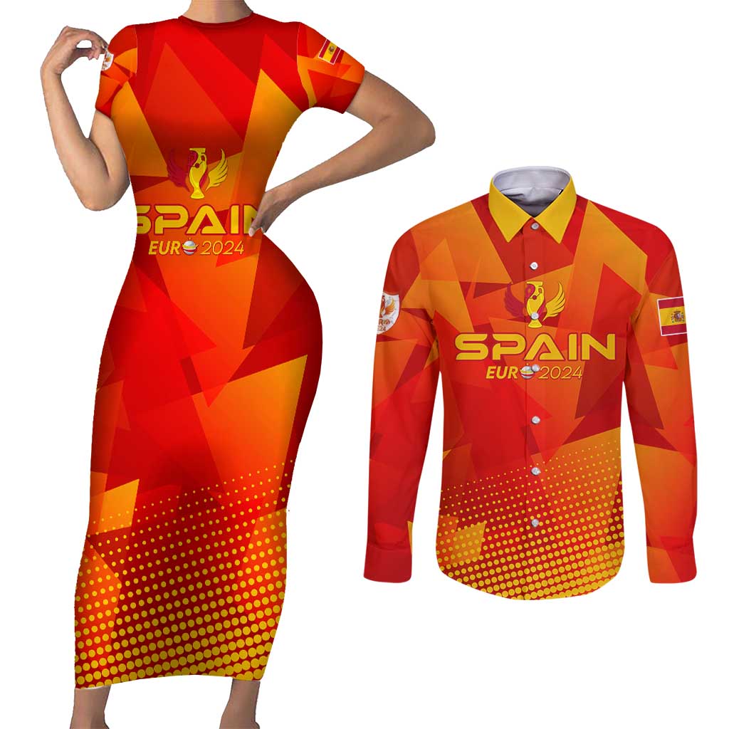 Personalized Spain Football 2024 Couples Matching Short Sleeve Bodycon Dress and Long Sleeve Button Shirt Trophy Wing Style - Wonder Print Shop